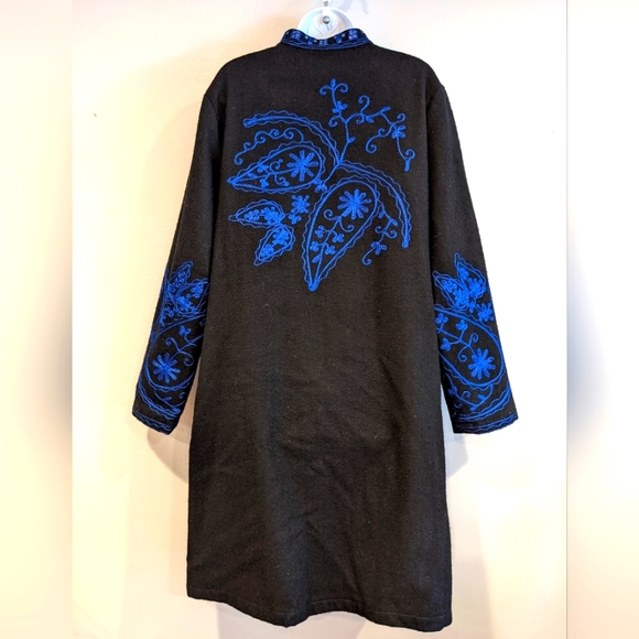 Metro Style wool black blue embroidered coat jacket with sequins Large - Picture 3 of 7